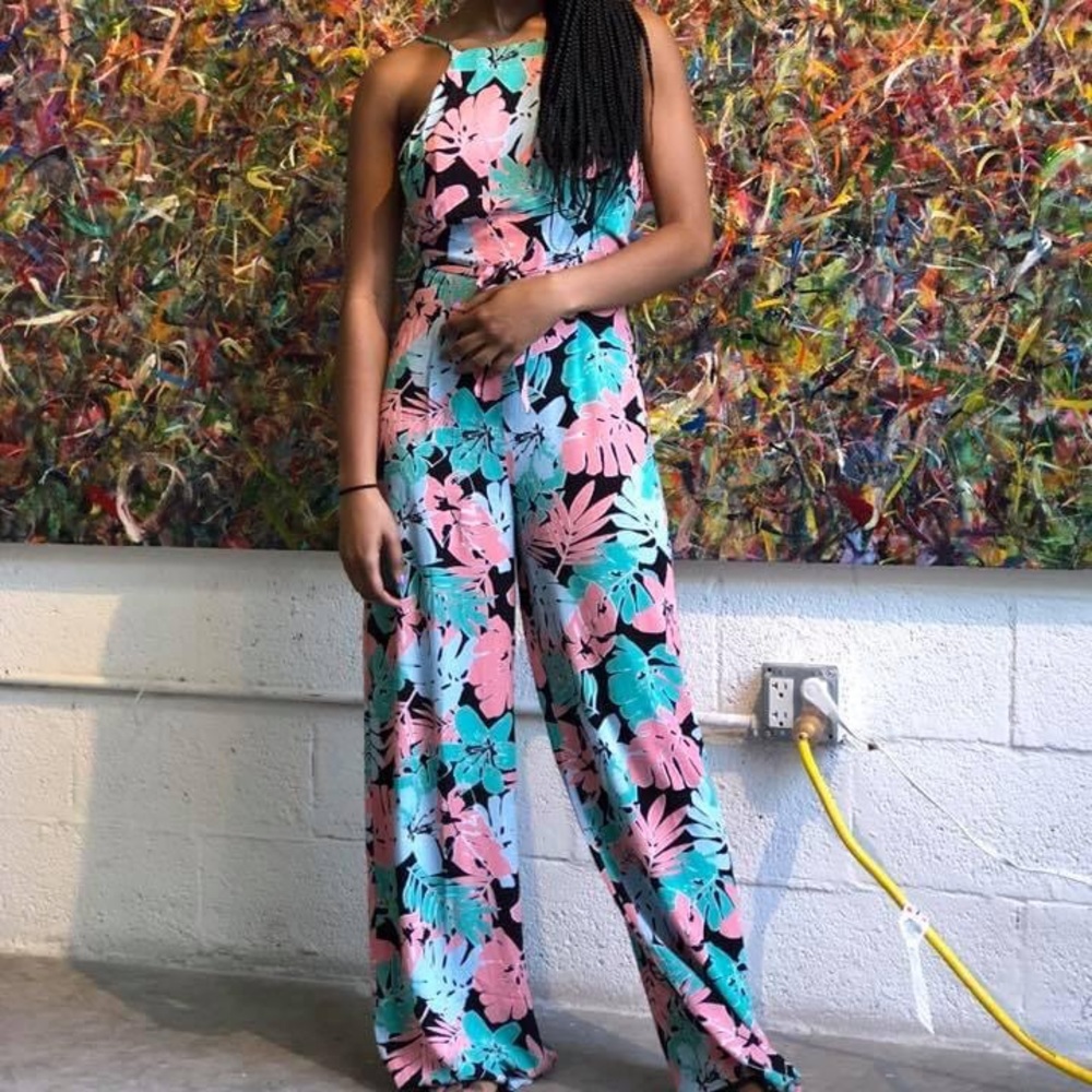 Floral, long, wide-leg jumpsuit